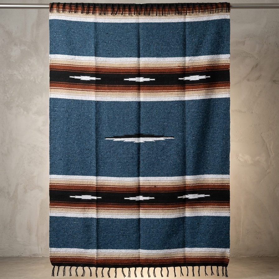 Striped blanket with blue, brown, and white pattern draped over a rod against a neutral wall.
