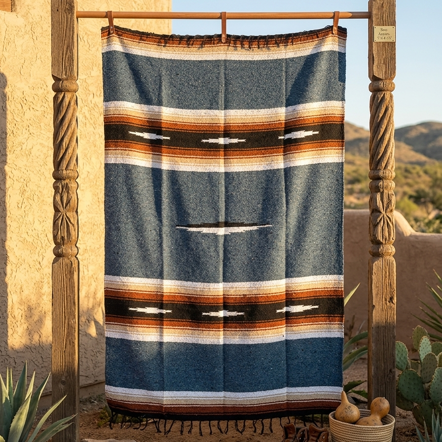 Striped blanket hanging on a wooden rack against a desert backdrop with cacti and boots.