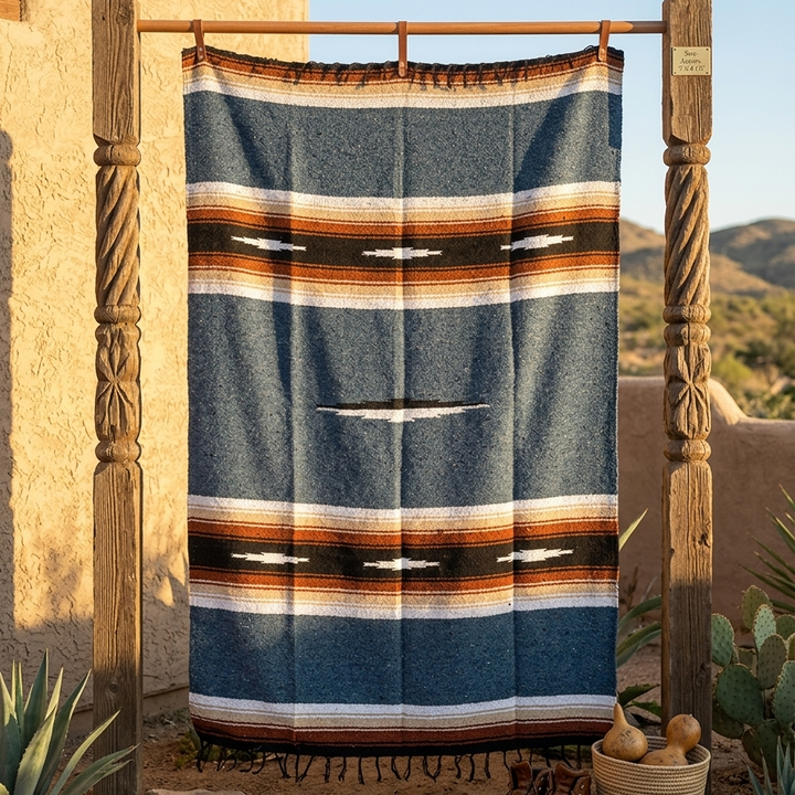 Striped blanket hanging on a wooden rack against a desert backdrop with cacti and boots.