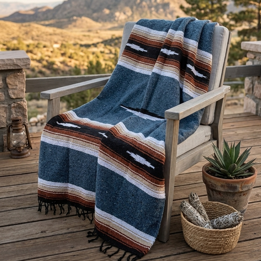 Striped blanket draped over a chair on a wooden deck with a scenic mountain view.