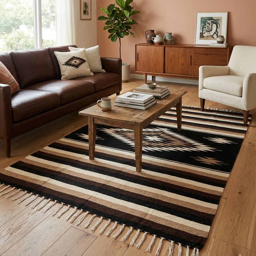 Living room with a striped rug, brown sofa, and wooden coffee table.