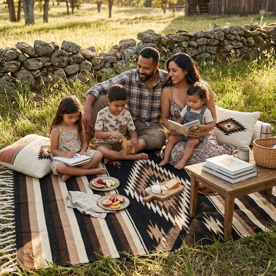 Family of five sitting on a blanket in a field with a barn in the background
