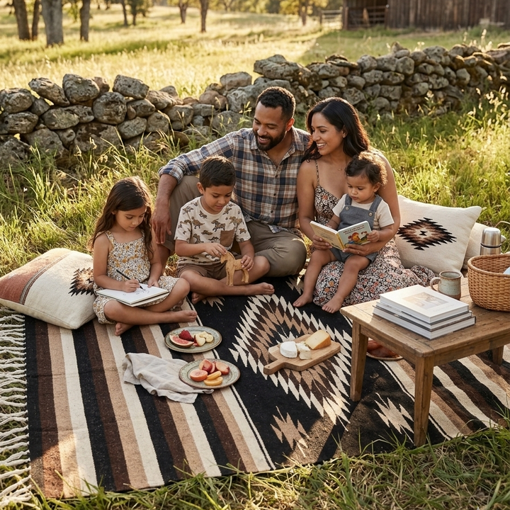 Family of five sitting on a blanket in a field with a barn in the background