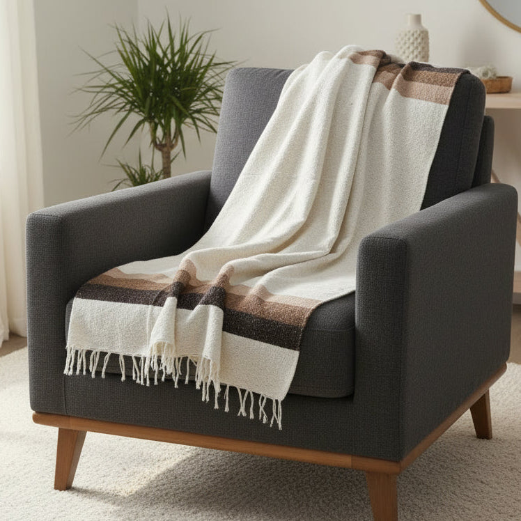 Gray armchair with a blanket draped over it in a bright room.