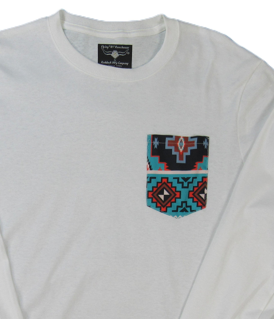 Southwest Print - Long Sleeve -White Pocket T-shirt - Made in USA