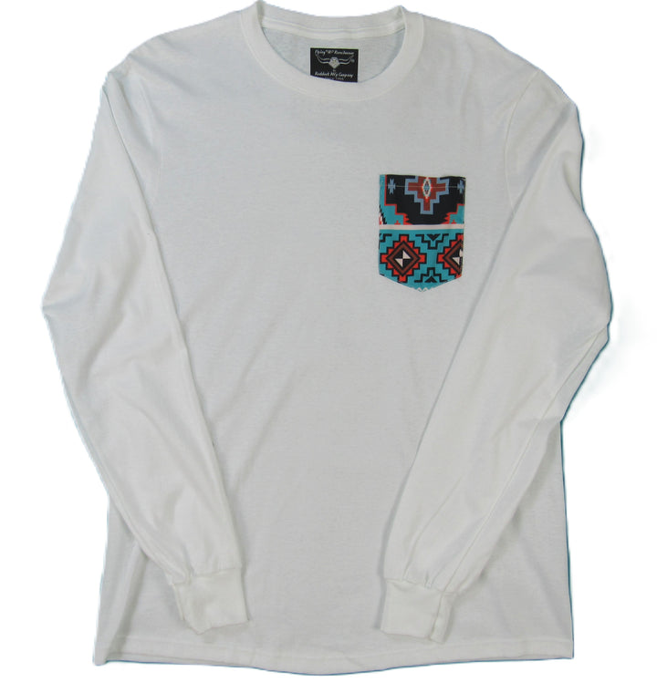 Southwest Print - Long Sleeve -White Pocket T-shirt - Made in USA