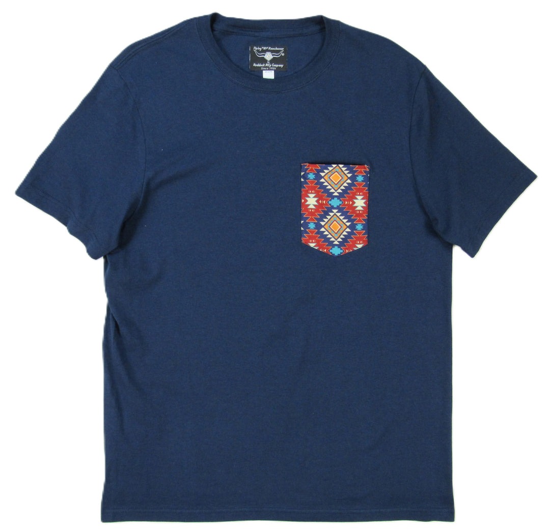 - Navy with Southwest Print - Pocket T-shirt - Made in USA
