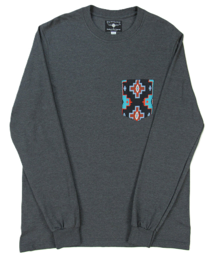 Gray Heather with Southwest Print - Long Sleeve - Pocket T-shirt - Made in USA