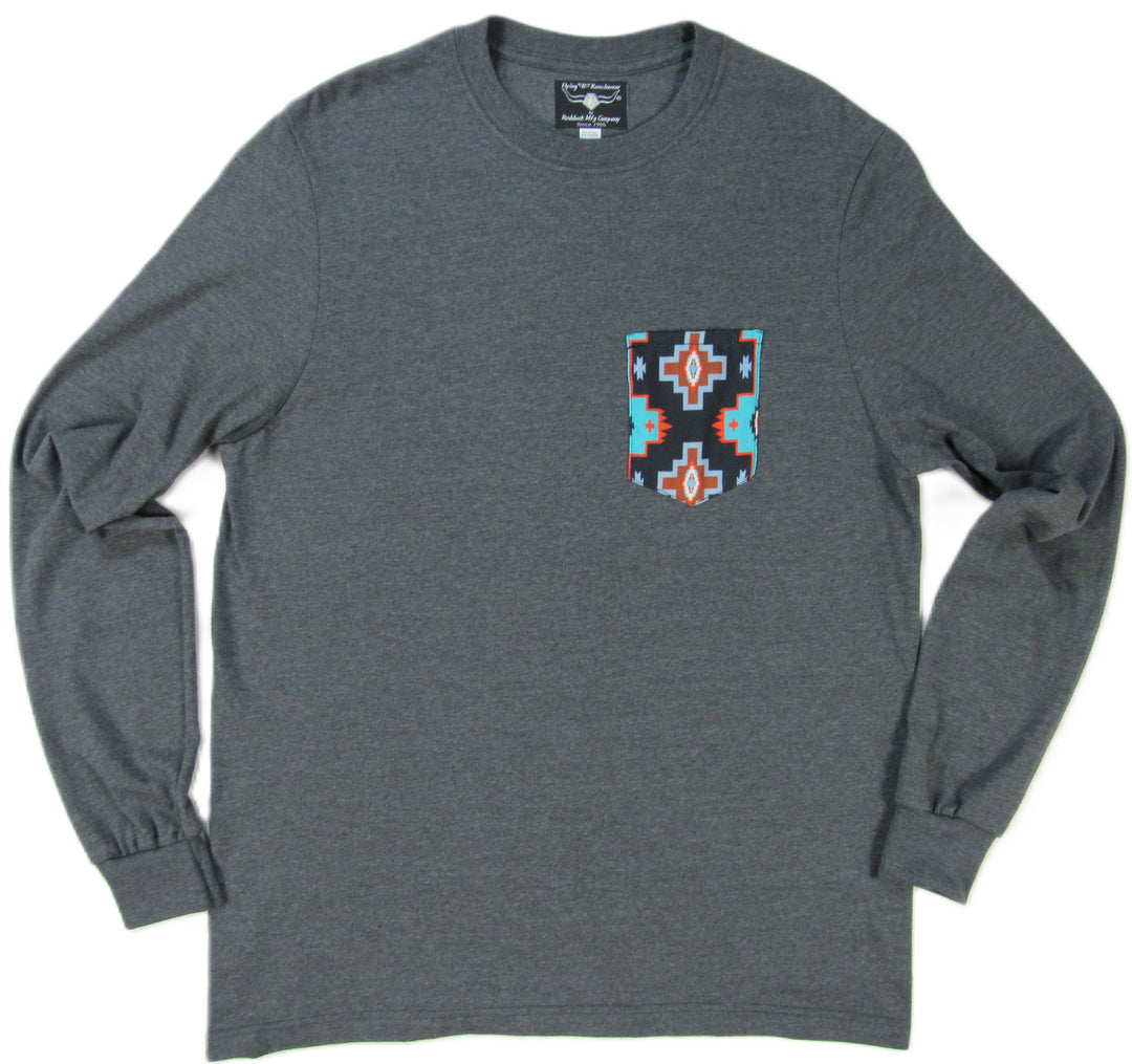 Gray Heather with Southwest Print - Long Sleeve - Pocket T-shirt - Made in USA