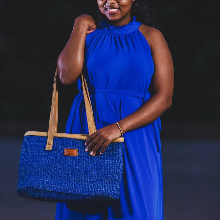 Nourishment Rectangular Handmade Laptop Work Sisal Straw Blue Basket Tote Handbag