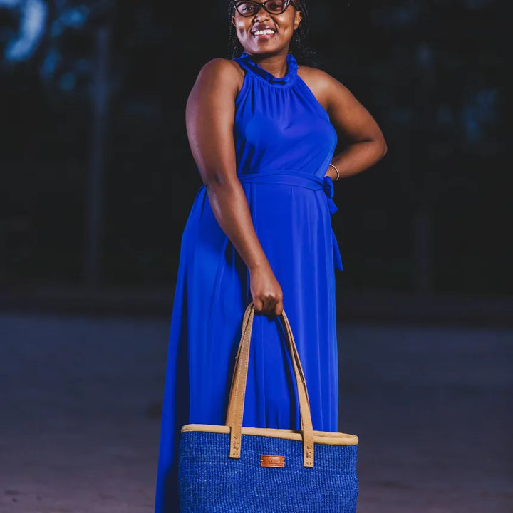 Nourishment Rectangular Handmade Laptop Work Sisal Straw Blue Basket Tote Handbag