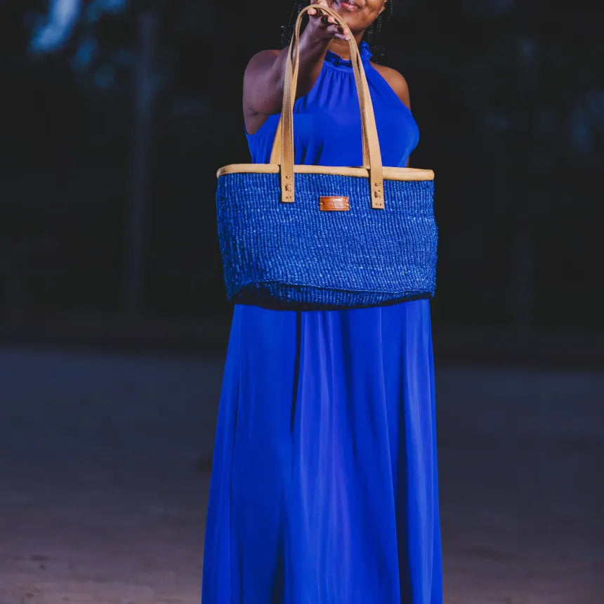 Nourishment Rectangular Handmade Laptop Work Sisal Straw Blue Basket Tote Handbag