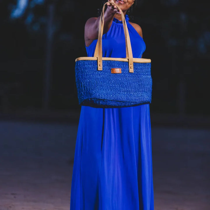 Nourishment Rectangular Handmade Laptop Work Sisal Straw Blue Basket Tote Handbag