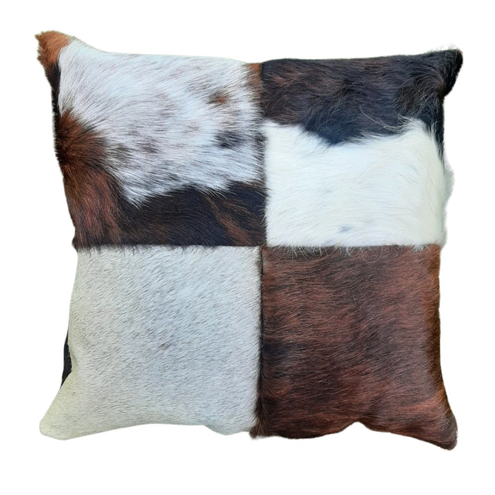 Rustic Cowhide Patchwork Pillow – Natural Hair-on-Hide, Double-Sided 16×16