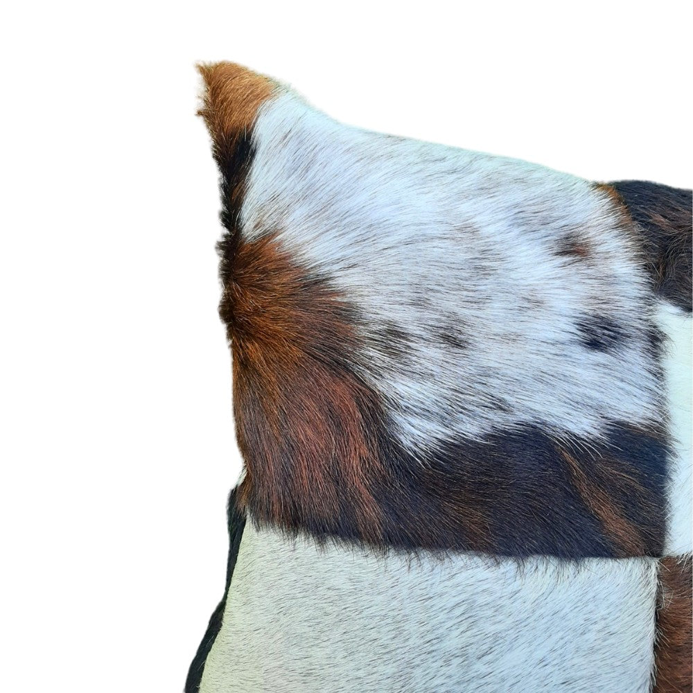 Rustic Cowhide Patchwork Pillow – Natural Hair-on-Hide, Double-Sided 16×16