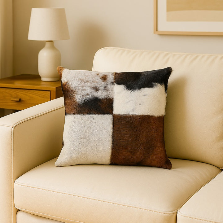 Rustic Cowhide Patchwork Pillow – Natural Hair-on-Hide, Double-Sided 16×16