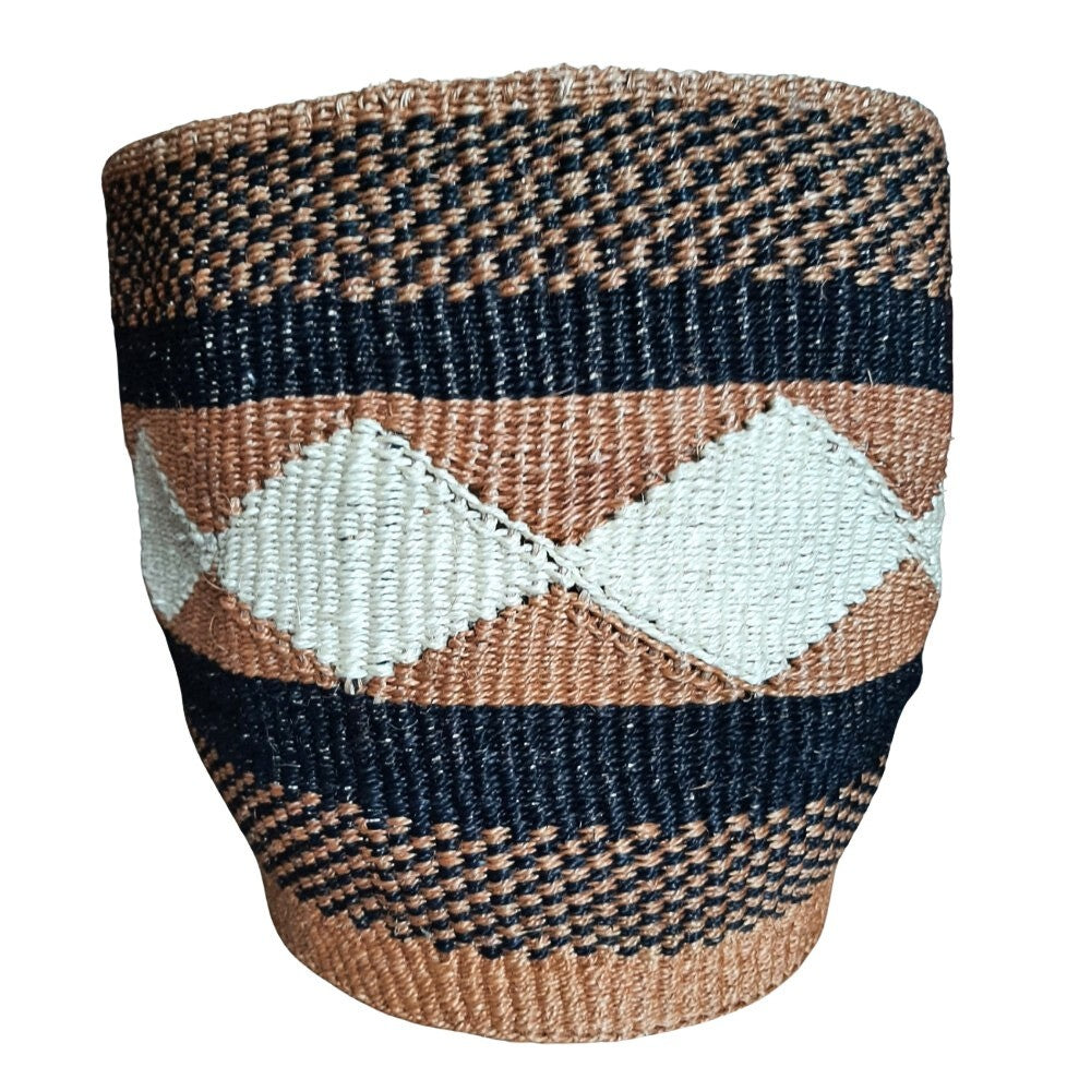 Black, Bronze & White Diamond Sisal Woven Decorative Plant Basket