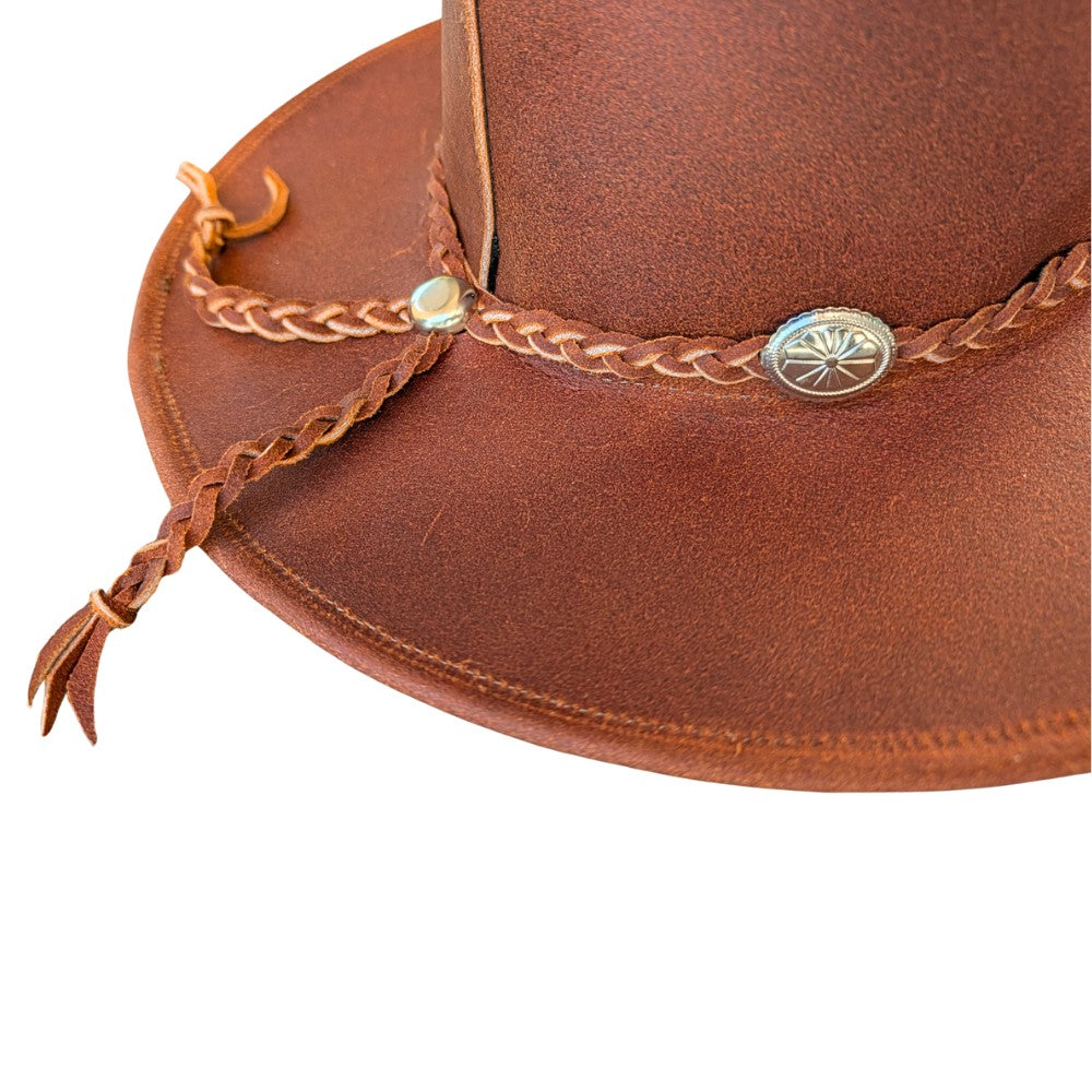 Boho Trail Cowboy Hat – Brown Leather, Wide Brim, Braided Hatband