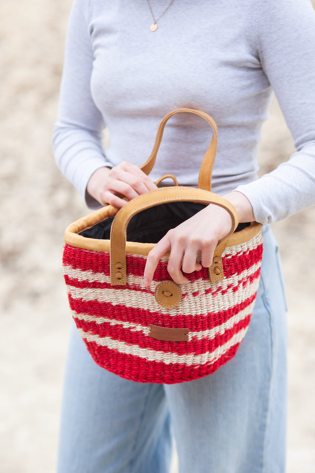 Brave Art Handmade Small Red and White Sisal Tote Bag