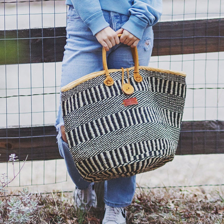 Balance Stripes Handwoven Beach Straw Tote Basket