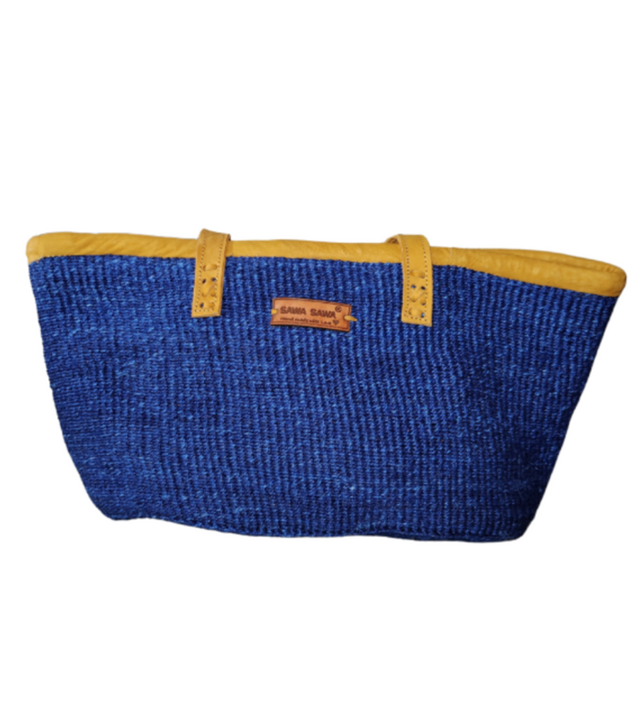 Nourishment Rectangular Handmade Laptop Work Sisal Straw Blue Basket Tote Handbag