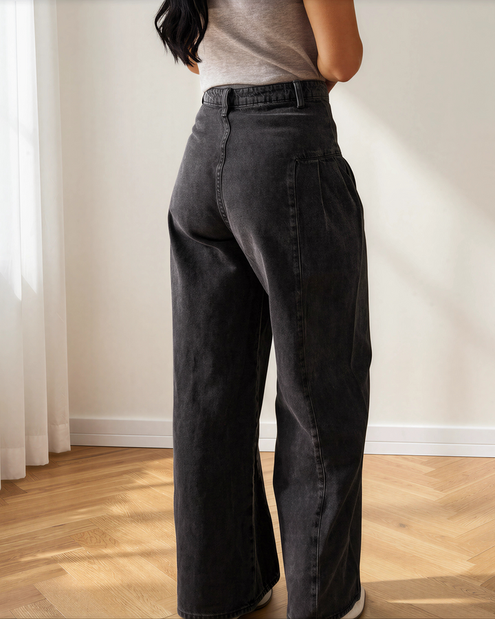 Billie Pleated Wide Leg Mineral Wash Denim Pants