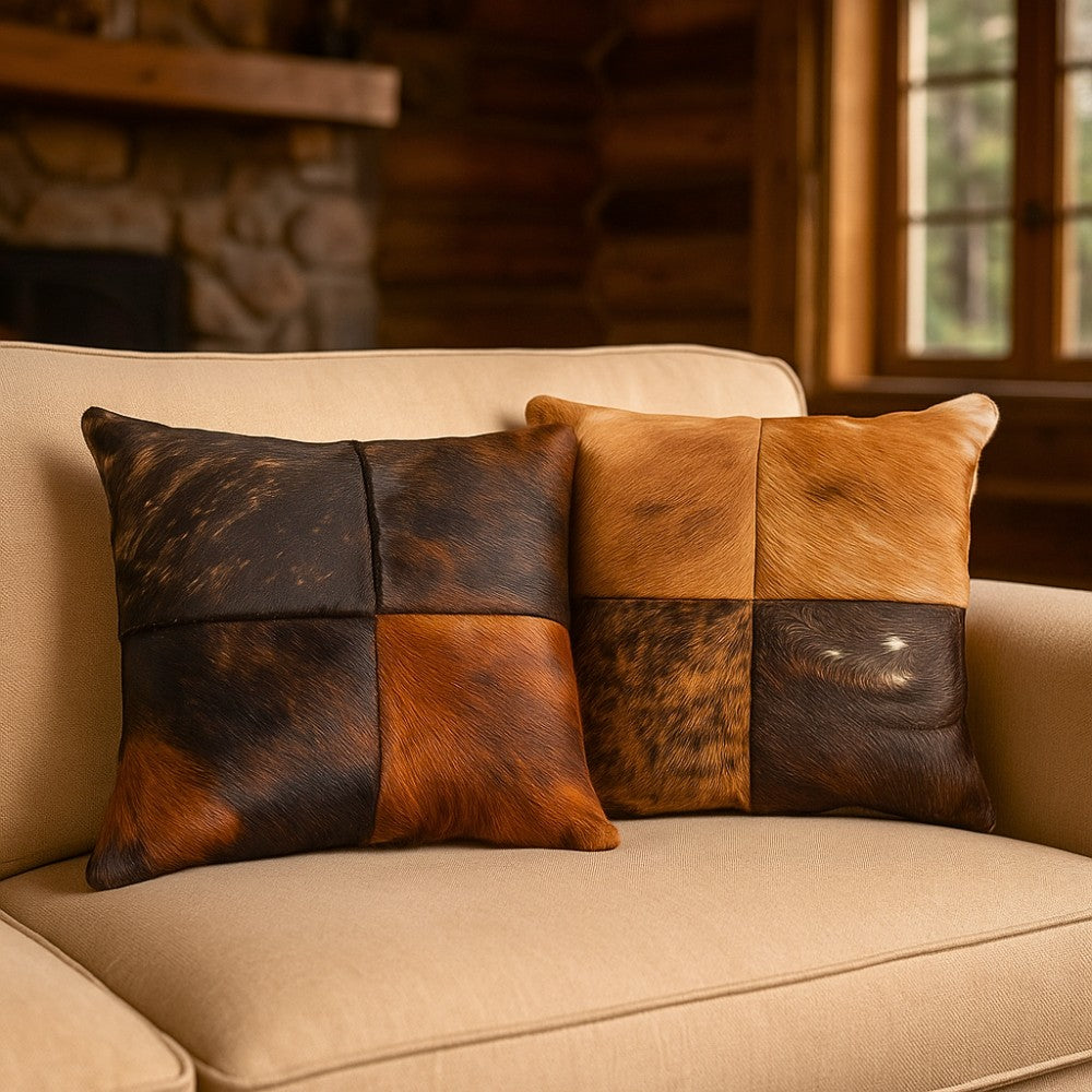 Rustic Cowhide Patchwork Pillow – Natural Hair-on-Hide, Double-Sided 16×16