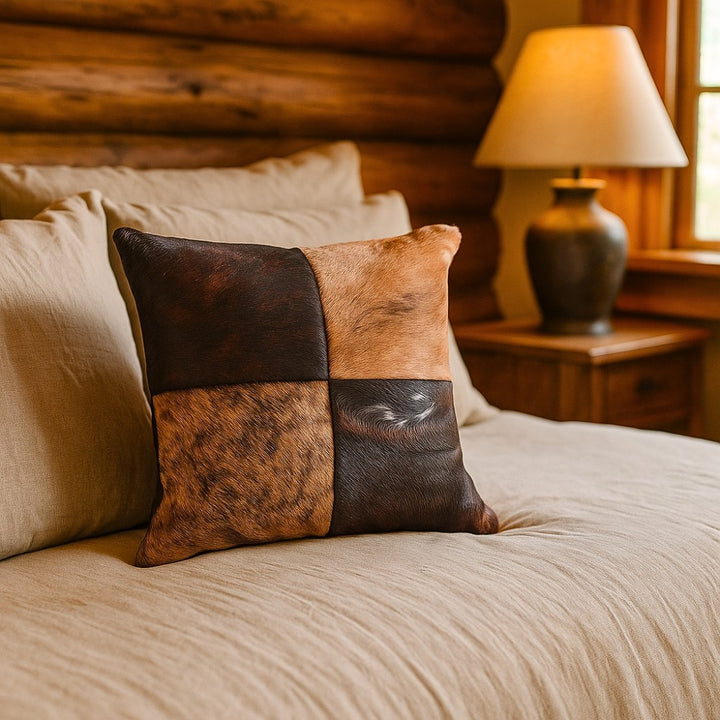 Rustic Cowhide Patchwork Pillow – Natural Hair-on-Hide, Double-Sided 16×16