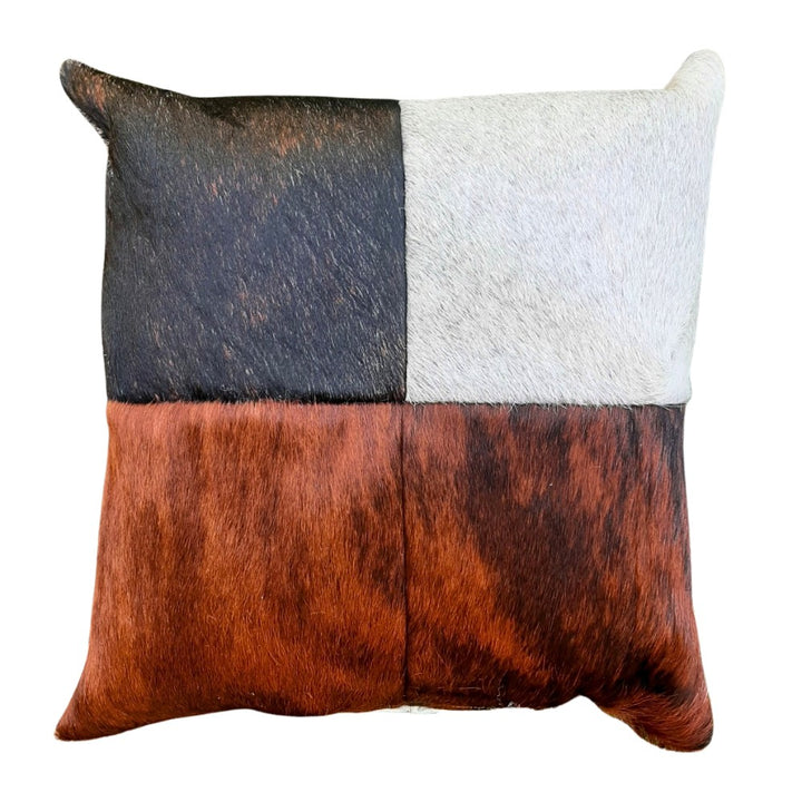 Rustic Cowhide Patchwork Pillow – Natural Hair-on-Hide, Double-Sided 16×16