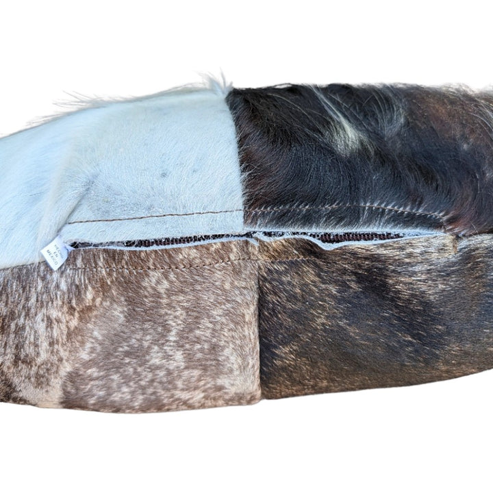 Rustic Cowhide Patchwork Pillow – Natural Hair-on-Hide, Double-Sided 16×16