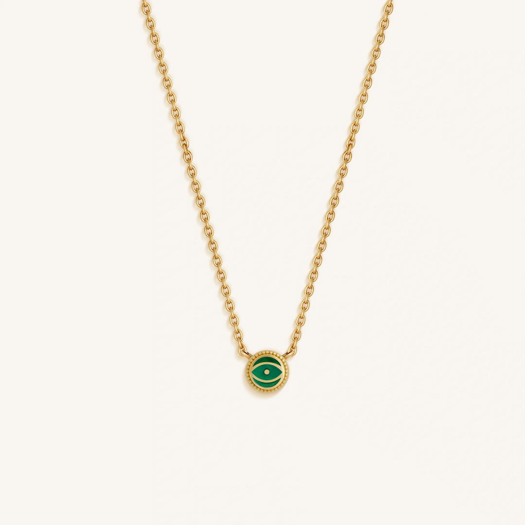 Verdant Guardian Emerald Agate May Birthstone Evil Eye Gold Necklace