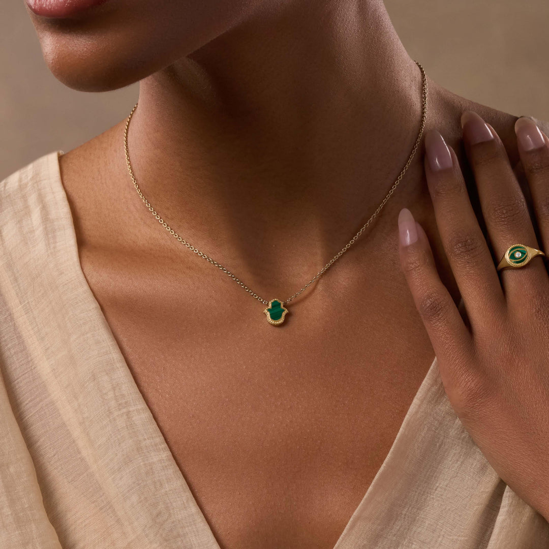 Honest & Bright Malachite Hamsa Gold Necklace
