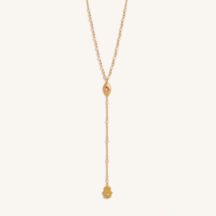Heart of Serenity Rose Quartz Evil Eye Hamsa Lariat Necklace