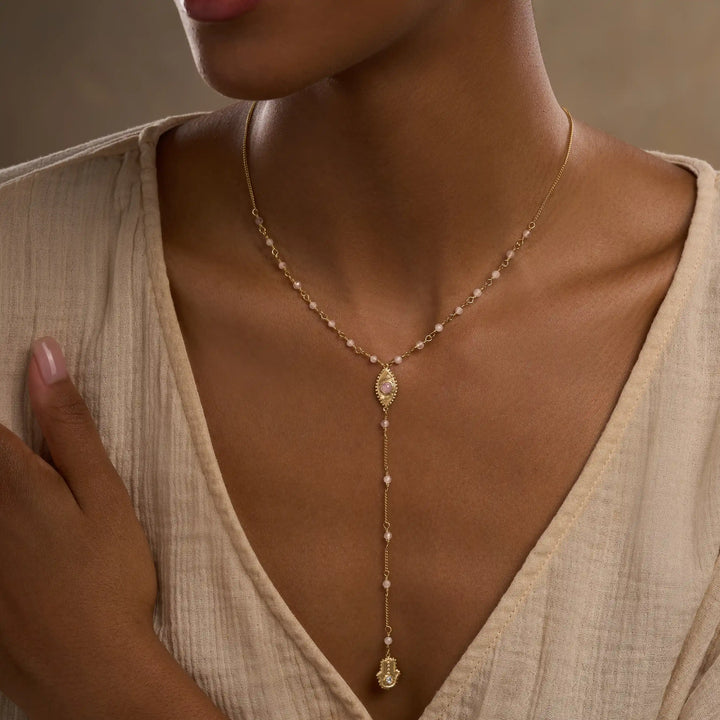 Heart of Serenity Rose Quartz Evil Eye Hamsa Lariat Necklace