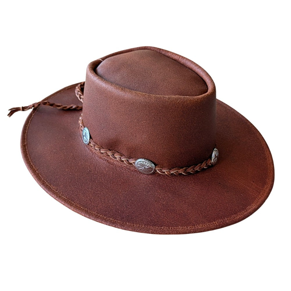 Boho Trail Cowboy Hat – Brown Leather, Wide Brim, Braided Hatband