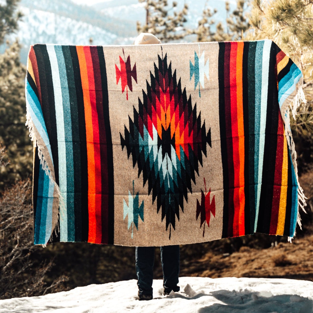 Aztec Mexican Blanket | Tan Brown Multicolor Diamond Throw Blanket