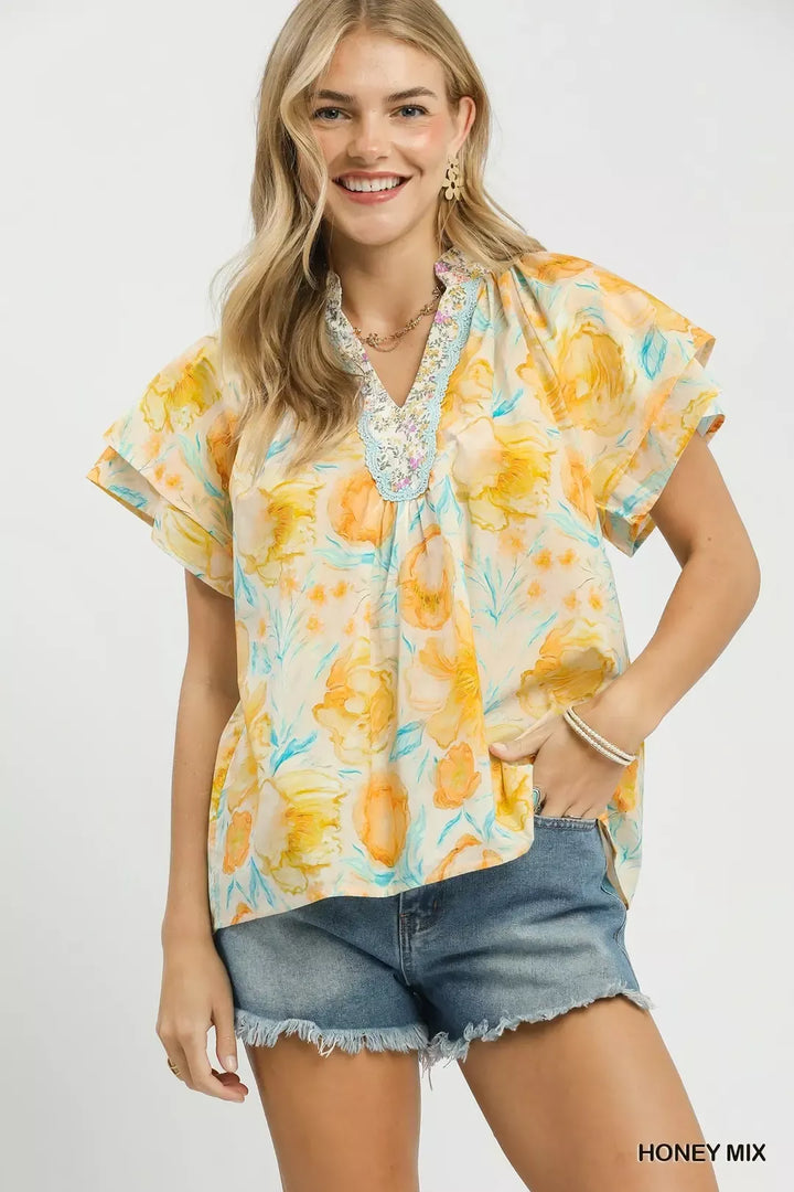 Umgee Mix Floral Print Blouse with Crochet Lace Trim