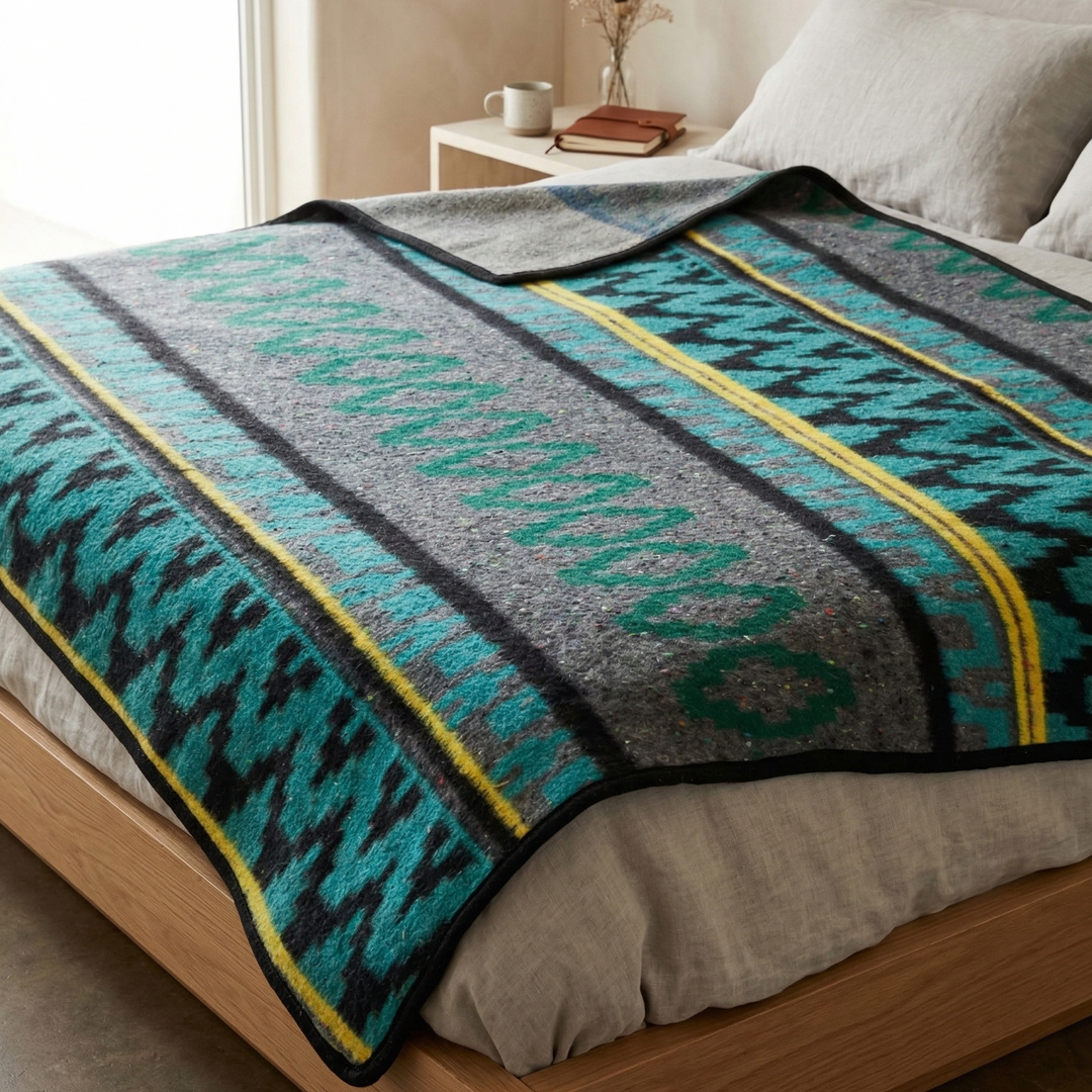 Teal Patterned blanket on a bed in a bedroom setting