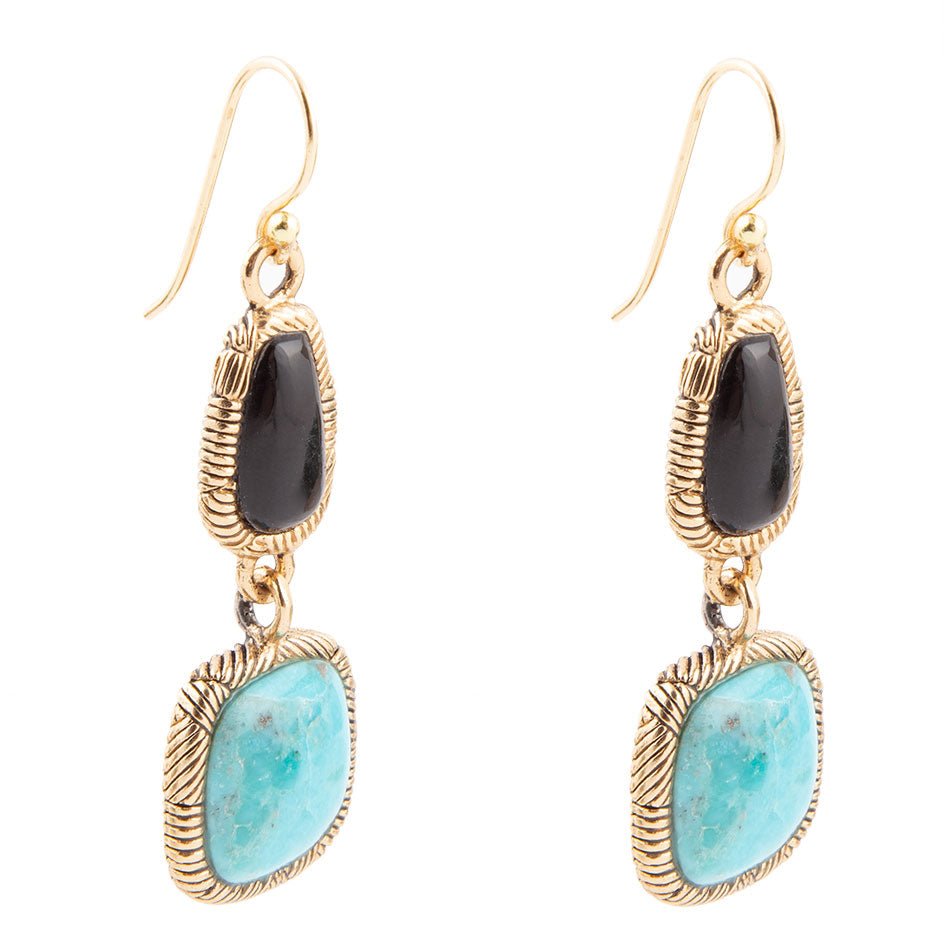 Black Onyx and Blue turquoise Golden Bronze Drop Earrings
