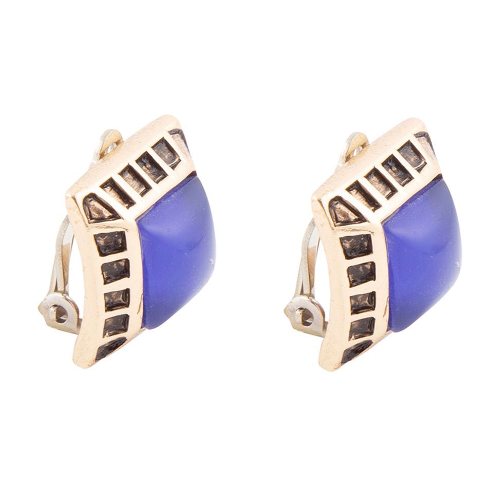 Blue Agate Golden Clip Earrings