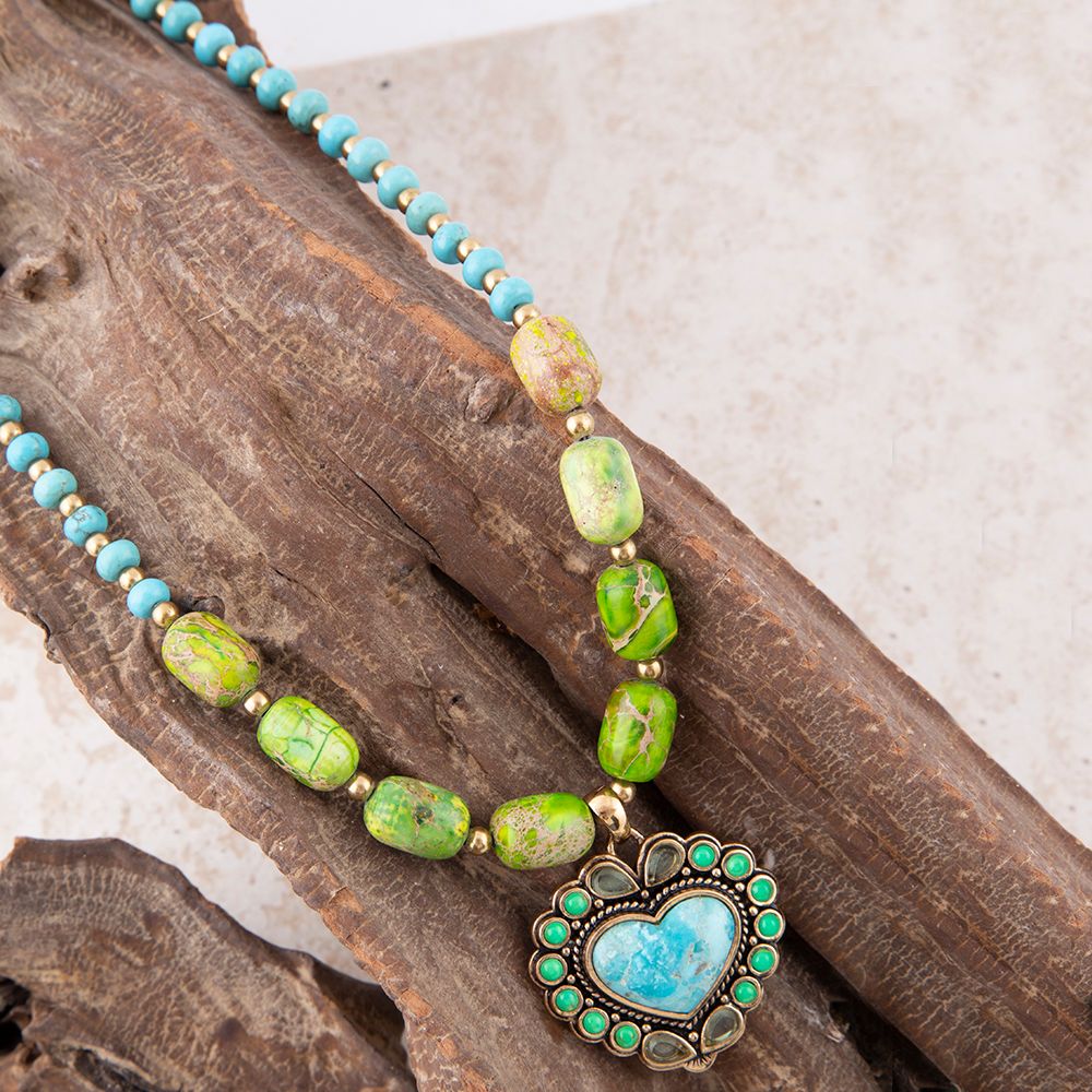 Legacy Heart Lime Green and Blue Turquoise Golden Pendant Necklace