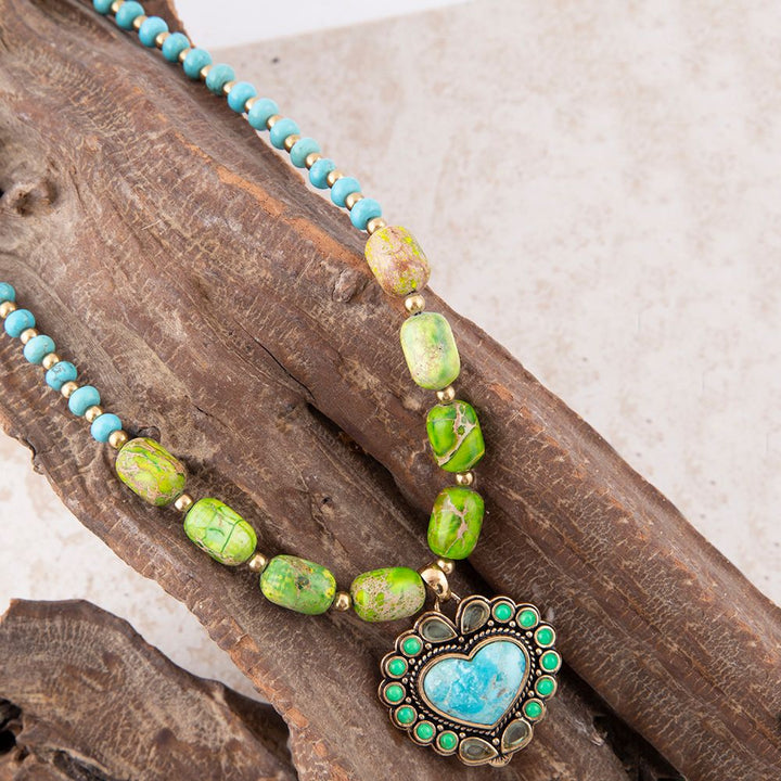 Legacy Heart Lime Green and Blue Turquoise Golden Pendant Necklace