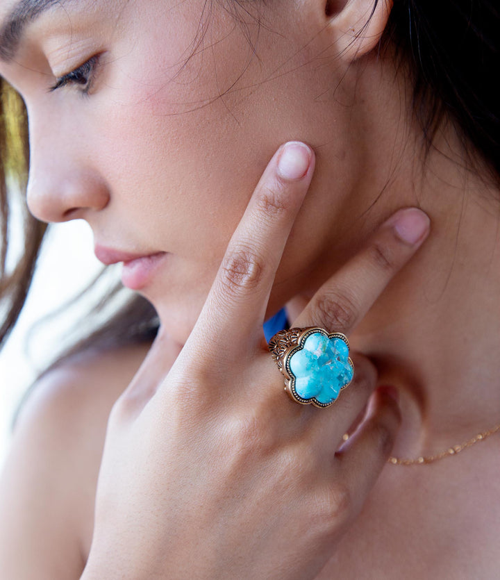 Blue Turquoise Flower Golden Ring