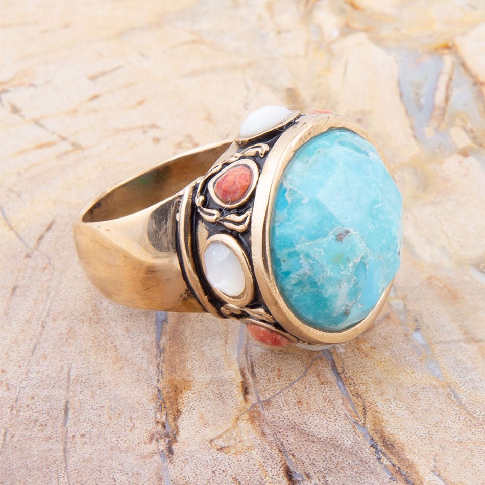 Champs Blue Turquoise and Coral Golden Statement Ring