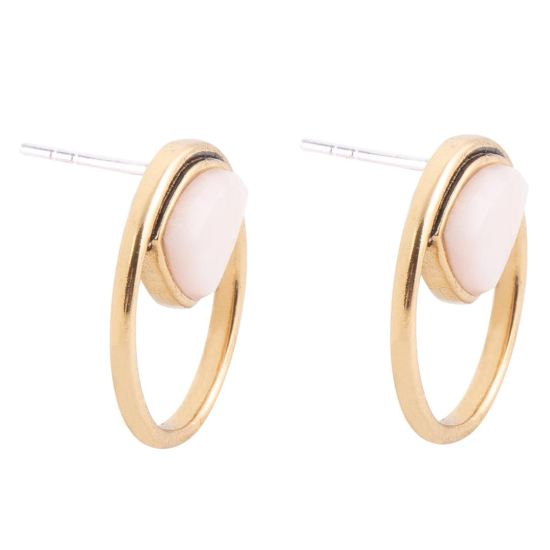 Circle Pink Opal and Golden Bronze Post Stud Earrings