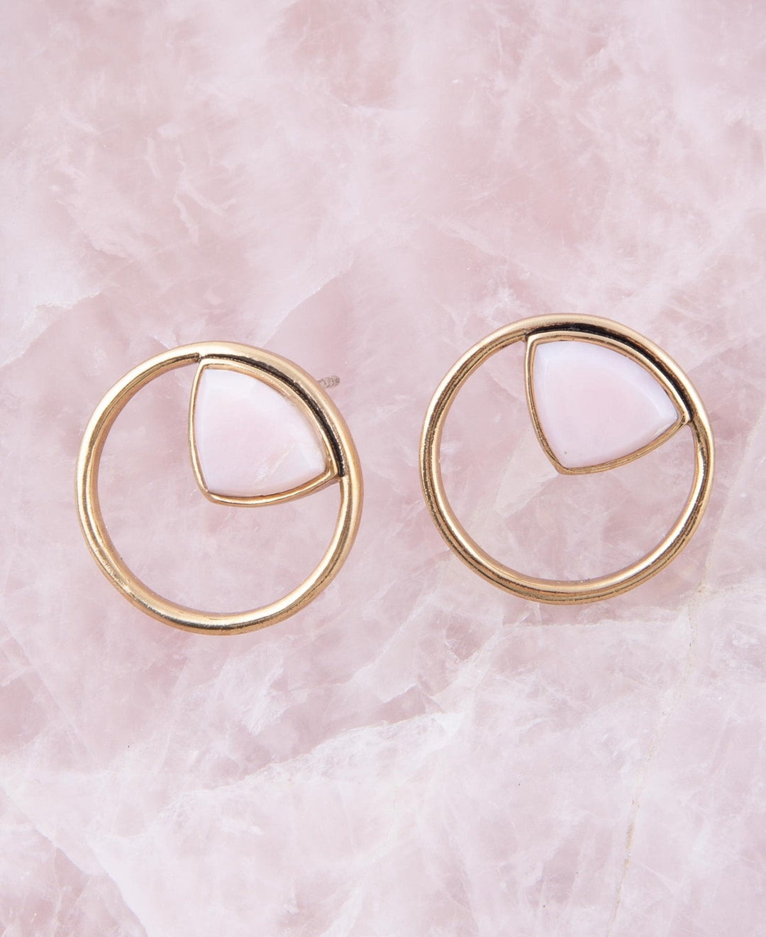 Circle Pink Opal and Golden Bronze Post Stud Earrings