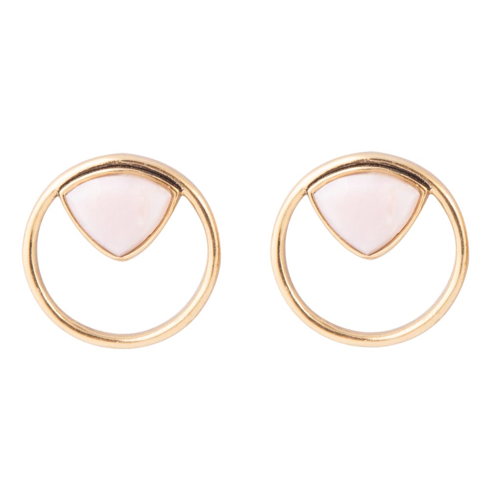 Circle Pink Opal and Golden Bronze Post Stud Earrings