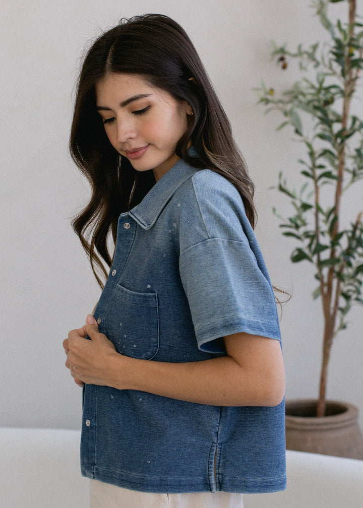 Cropped Short Sleeve Indigo Button Down