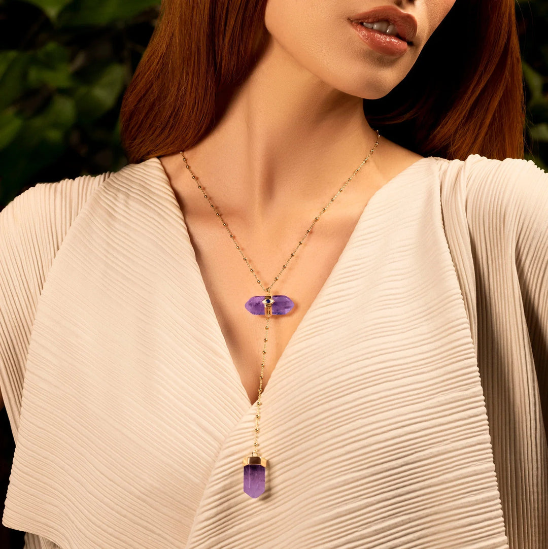 Soothing Remedy Gold Amethyst Evil Eye Double Pointer Necklace