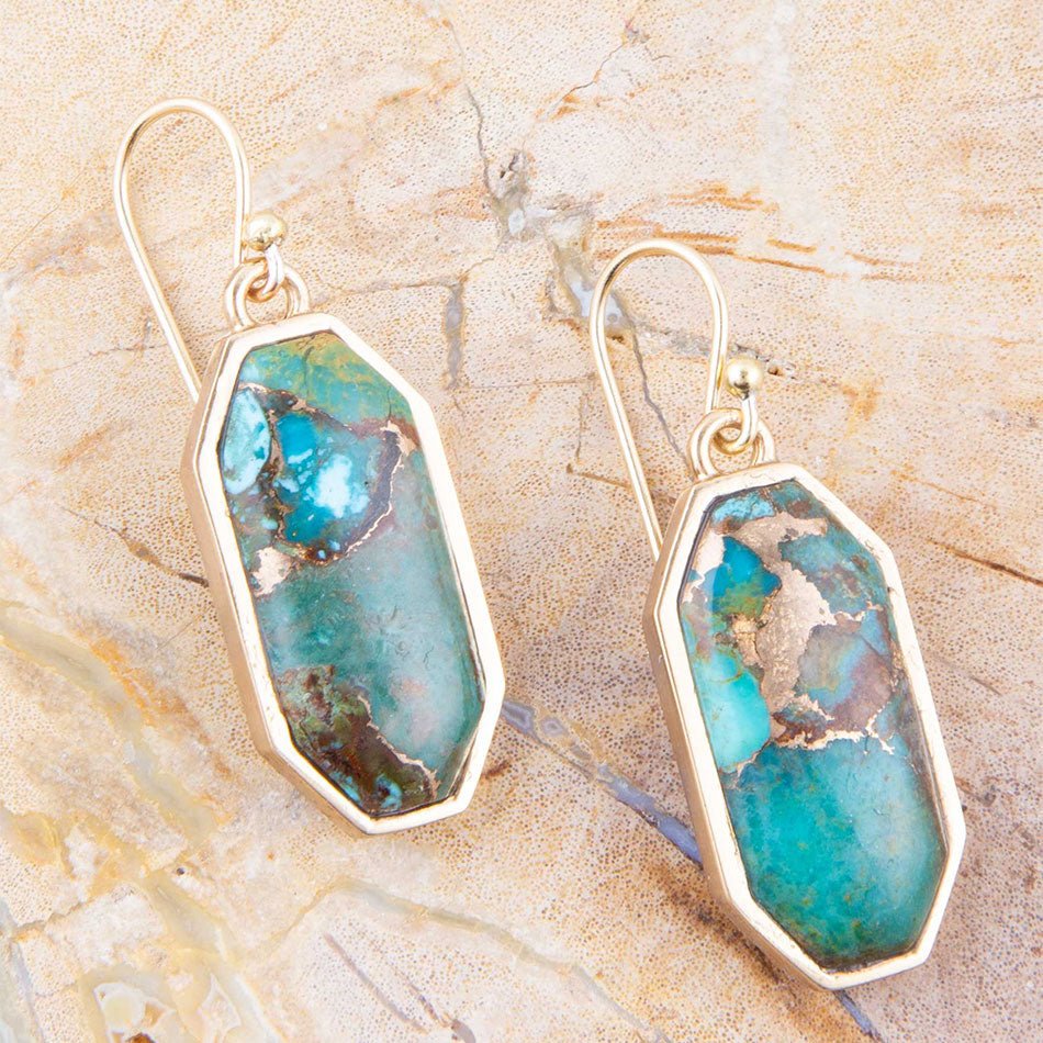 Dolce Teal Blue Turquoise Matrix Golden Drop Earrings